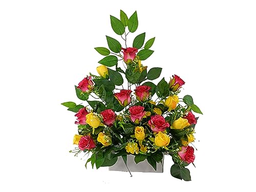 DRW Centro Flores Artificiales Cementerio, Santos, Iglesias, Aniversarios, Ceremonias, Bodas Rosa y Amarillo 50x65x25 cm