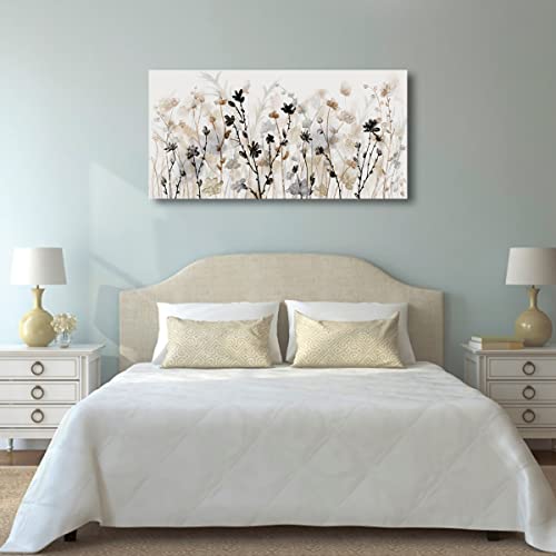 Image of Framed Flower Canvas Wall Art Abstract Grey Cream Brown Wildflowers Canvas Pictures Landscape Artwork Canvas Prints for Home Living Room Bedroom Kitchen Office Wall Decor Ready to Hang 24 inchx 48 inch