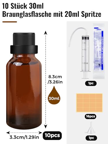 Furuising 10 Stück 30ml Tropfflasche, Braunglasflasche, Wiederverwendbar Glasflaschen, Braune Flaschen mit 20ml Spritze, Trichter, Etikett für Ätherische Öle Parfüm Körperöl