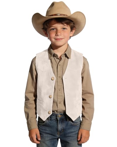 Image of Retro Boys Western Cowboy Vest for Kids Leather Suede Waistcoat | vintage dress vests, welt pockets, v-neck, adjustable waist, formal slim fit, wedding outfit, farm christmas birthday prom