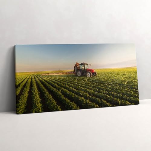 Décoration murale tracteur pulvérisant un champ tableau toile 140x70