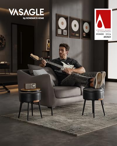Image of VASAGLE EKHO Collection - Storage Ottoman, Vanity Chair Stool, Synthetic Leather with Stitching, Mid-Century Modern, Round Storage Seat with Steel Legs, Loads 330 lb, Ink Black ULOM005BH08