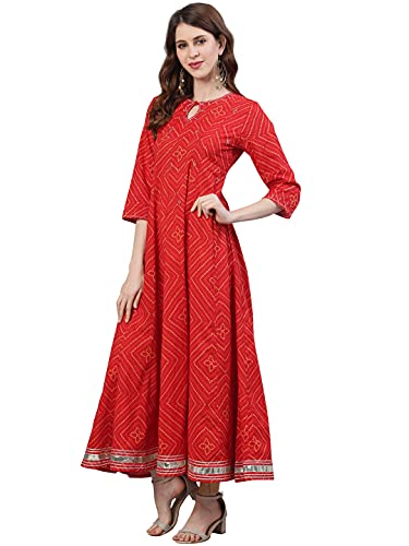 Image of ishin Women's Cotton Anarkali Embellished Gotta Patti Bandhani Print Red Kurti