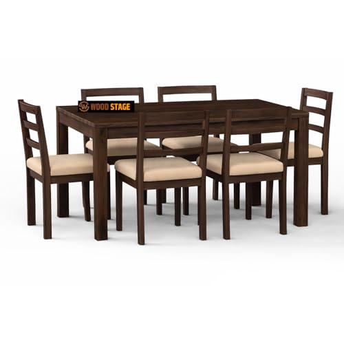 Image of WOODSTAGE Solid Sheesham Wood 6 Seater Dining Table with Cushion Chairs for Dining Room, Living Room, Hall, Home | Wooden Furniture Dinner Table Set (Walnut Finish, 6 Seater)