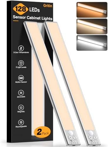 Gritin 14.7inch Under Cabinet Lighting Rechargeable 2 Pack- 3 Col...