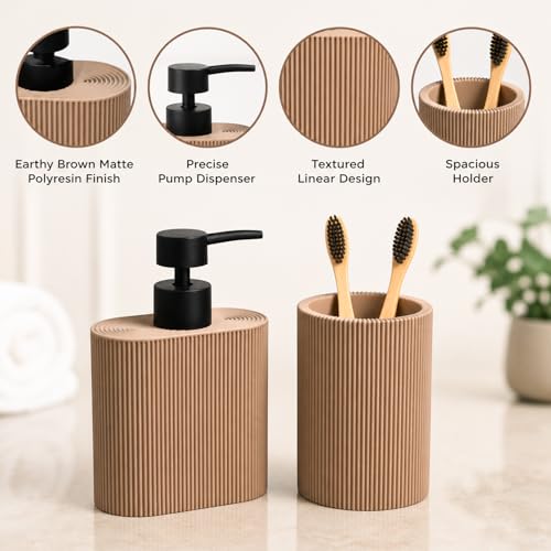 Image of MARKET 99 Bathroom Accessories Set of 2 | Brown Polyresin Soap Dispenser & Toothbrush Holder | Textured Matte Bathroom Organizer Set for Vanity, Countertop & Wash Basin