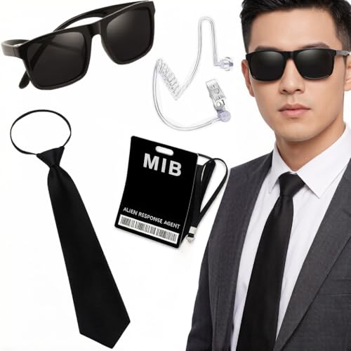 Zubehör für Geheimagenten-Kostüm Komplettset 6 Stück mit schwarzer Brille Headset und Ausweis für Erwachsene Party Halloween und Cosplay