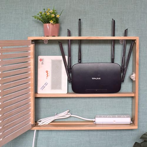 Scatola di archiviazione WiFi a parete, organizer in legno per router e prolunga, mensola galleggiante decorativa con porta singola per soggiorno