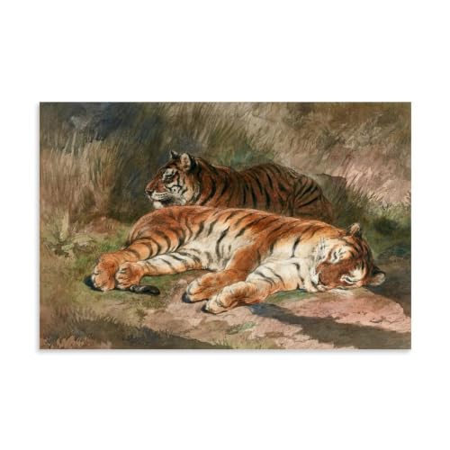 Rosa Bonheur Deux Tigres Allongés 1887, grand tableau mural de salon art réaliste 24x36"