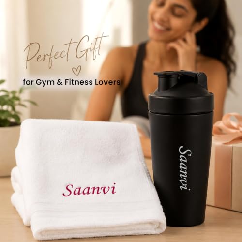 Image of SAVRI Personalized Gifts Customized Stainless Steel Protein Shaker Bottle 750ml with Mixing Ball & White Towel Combo set | Best Gift for Gym Lover, Fitness Lover, Men & Women