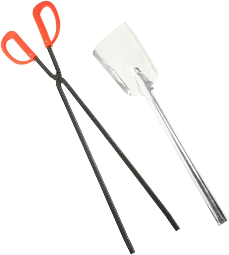 KICHOUSE Fireplace Tool Kit 2pcs Set with Small Stainless Steel Shovel and Red Plastic Handle Flat Tip Tongs, Firewood Grabber for Indoor Wood Burning Stove and Campfire Use
