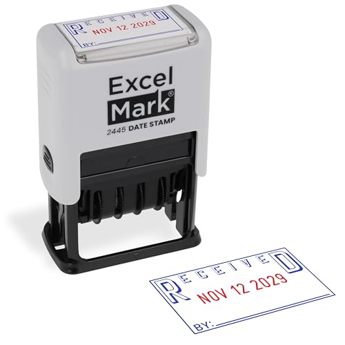ExcelMark 2445 Date Stamp with Text - Blue and Red Ink (Gray Mount, Received)