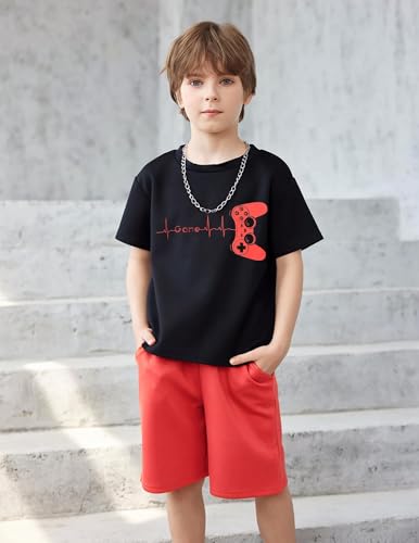 Image of Arshiner Boys Drop Shoulder T-Shirt & Drawstring Waist Shorts Summer Casual Outfits (5-12 Years)