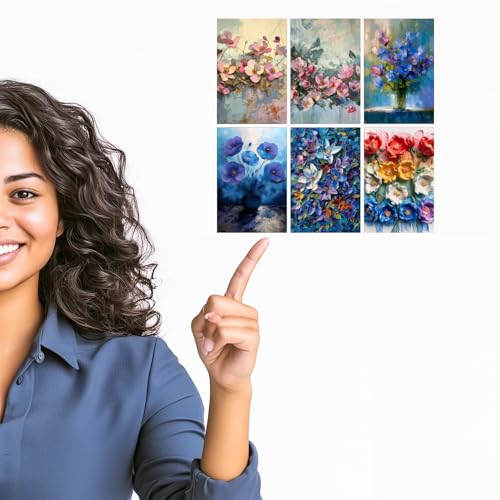 Image of SiddArtify Palette Knife Floral - Pink Blue and Rainbow Flowers - Set of 2-4x6 Inch - Board (Pack of 6) - Sticker (Pack of 6) Wall Room Decoration art Poster Prints