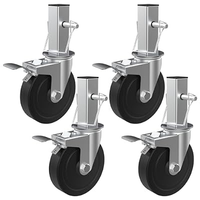 MSWY 5 Inch Scaffolding Casters, Set of 4 Heavy Duty Baker Scaffold Wheels with Dual Locking Brakes, Rubber Casters Square 1.25" Stem Replacement for 6ft Baker Scaffold, 300LBS Capacity per Caster
