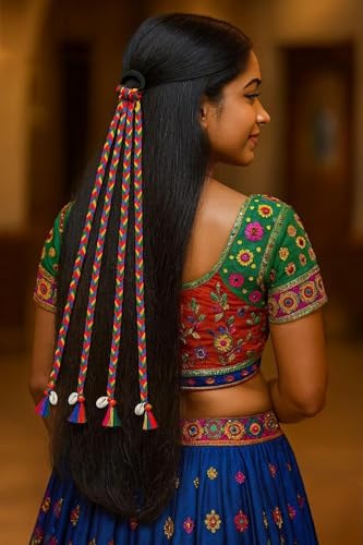 Image of Navratri Hair Braids with Rubber Bands for Girls & Women | Rainbow Hair Extension | Stylish Boho Chic Braids Accessory for Festive, Party & Everyday Look | Easy to Wear & Reusable (Single Kodi)