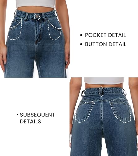 Women High Waist Wide Leg Jeans Boyfriends Stretch Long Trousers Denim Pants Classic Blue3