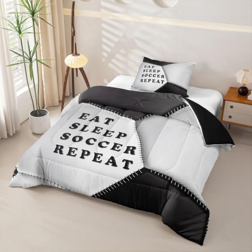 Image of Feelyou Soccer Comforter Set Twin Size Football Bedding Set for Kids Boys Girls Eat Sleep Sports Theme Duvet Quilt Bedroom Decor Microfiber 2 Pcs with 1 Pillow Case