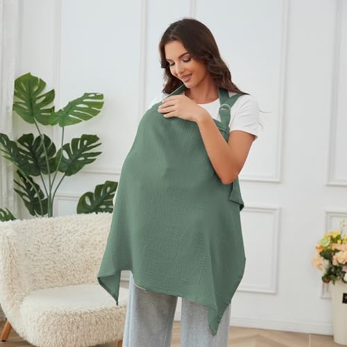 Muslin Nursing Cover for Baby Breastfeeding, Breathable 100% Cotton Breastfeeding Cover with Rigid Hoop for Mother Nursing Apron (Roman Green)