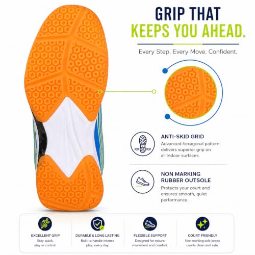 Image of Pro ASE Non-Marking Badminton Shoes - Lightweight & Durable, Perfect for Squash, Table Tennis, Pickleball & Indoor Sports | X-Cushion, Active Grip Sole, Toe Assist | Men, Women, Unisex | Blue,Black,Orange