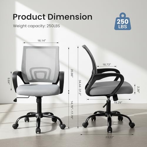 Image of DUMOS Home Office Chair - Ergonomic Mid Back Mesh Desk Chair with Lumbar Support & Rocking Mode, Height Adjustable with Fixed Armrest, for Computer, Gaming, Meeting, 360 Swivel, Grey