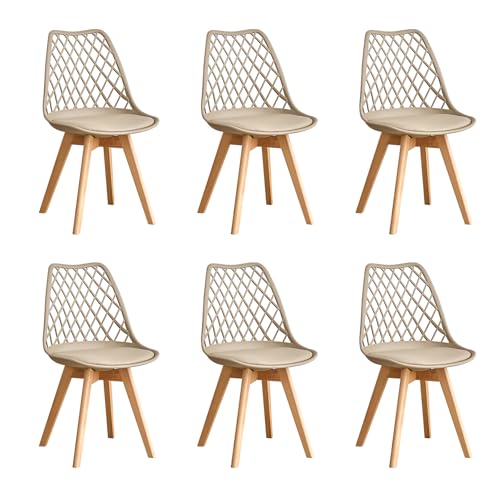 DEYARNA HOME Lot de 6 Chaises de Salle à Manger Modernes, Assise Rembourrée en Similicuir et Pieds en Hêtre, Dossier Ajouré en Maille, pour Salle à...