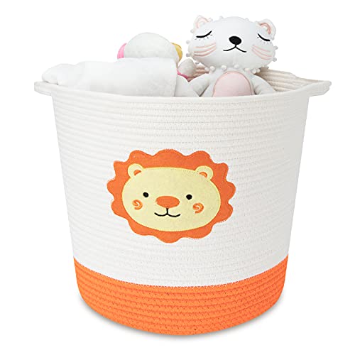 16.5"x14.2" Rergy Cartoon Cotton Rope Storage Basket Blanket Basket with Cute Lion Design Woven Baskets for Storage Baby Laundry Basket, Toy Basket, Dog Cat Toy Baskets