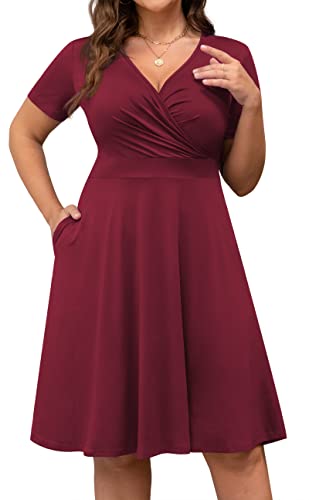 Image of POSESHE Womens Plus Size Dresses Summer Short Sleeve Wrap V-Neck Sundress Casual Wedding Guest Cocktail Dress with Pockets