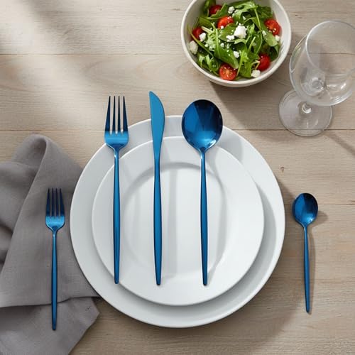 Image of 10 Pcs Blue Cutlery Set for Dining Table the Perfect Lightweight Silim Handle Tableware Including Dinner Spoon, Dinner Fork, Dinner Knife, Dessert Spoon & Dessert Fork