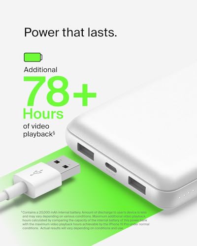 Image of Belkin Portable Charger, USB C Power Bank 20000 mAh w / 1xUSB-C Port & 2xUSB-A Ports, 15W w /Type-C to Type-A Cable - iPhone 17, Samsung Galaxy S25, Nintendo Switch 2, Google Pixel 10, etc. - White