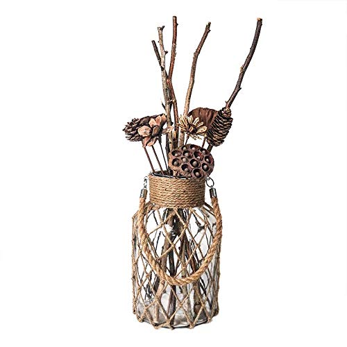 Funsoba Rustic Hanging Mason Nautical Jar Rope Net Dry Flower Glass Vase with Handle Pack of 2 (2 Vase 8") - Image 2