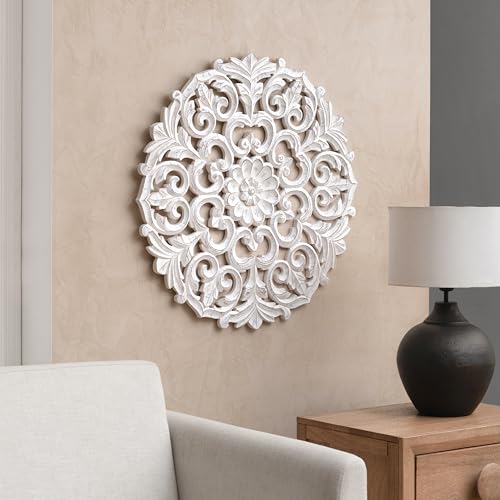 Image of JFY Designs Varinia Hand Carved Wood Medallion Wall Panels Bedroom Decor | Wall Mount Floral Sculpture Wall Art for Living Room, Bedroom Set, White Distressed Finish, Round 30 x 30 inch