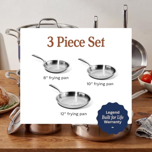 Image of LEGEND COOKWARE 3-Piece (8 inch,10 inch, & 12 inch) Stainless Frying Pan Set | 5 Ply Stainless Steel Clad | Induction Compatible, Oven Safe 800F - Non-Toxic, No Coatings - Even Heating, Won't Warp