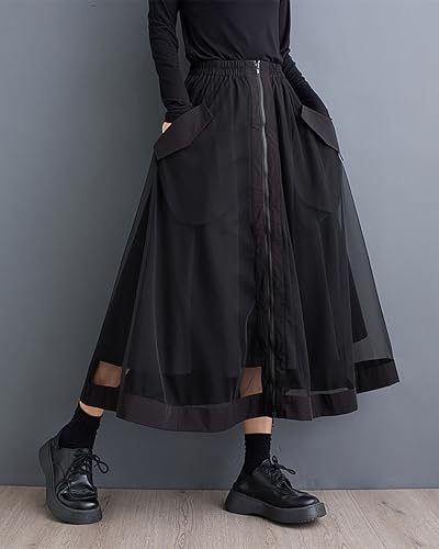 ellazhu Women's Skirt Wide Legs Elastic Waist Flowy Hem Sheer Zipper Two Side Pockets Loose Oversize Fall GZ2484