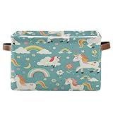 Contenedor organizador de tela rectangular plegable con diseño de unicornios de dibujos animados, diseño de arcoíris, diseño de flores, color verde