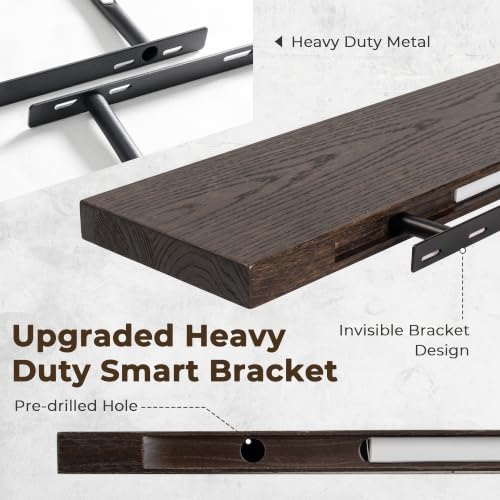Image of Elm Floating Shelves for Wall - 24 in Rustic Solid Wood Shelves with Heavy-Duty Invisible Bracket, Wall-Mounted Wooden Shelf for Living Room, Bathroom, Kitchen Storage & Display, Set of 2, Walnut
