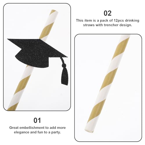 12 pitillos flexibles de papel para graduación negro y dorado miniatura 5