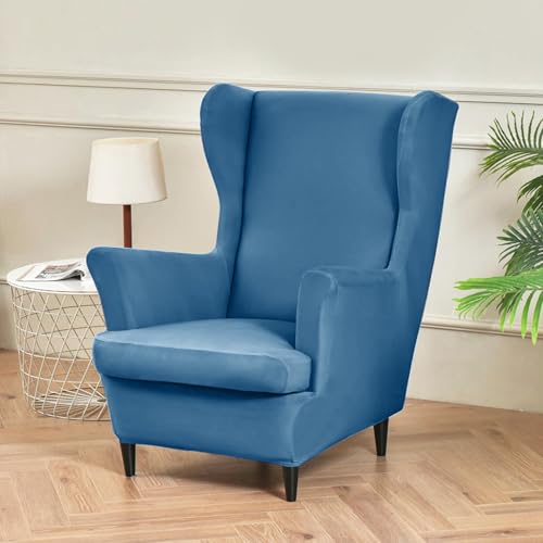 Hixingo Wingback Chair Covers 2 Pieces Set, Stretch Armchair Covers Solid Colour Chair Covers, Wing Chair Slipcover for Living Room Bedroom Hotel Furniture Protector (Blue,One size)