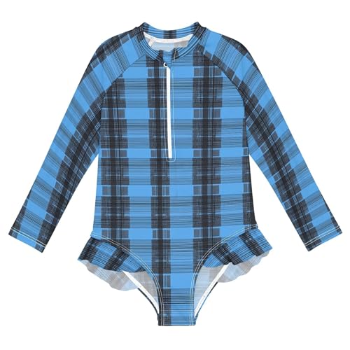 Blue Buffalo Check Plaid Girls Long Sleeve Rashguard Swimsuit UV Protection One-Piece Swimwear B0403953