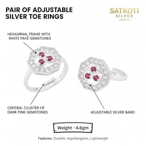 Image of SATKOTI 925 Silver Toe Rings for Women | Adjustable Pure Metal Bichiya with AAA Quality CZ Stone| BIS Hallmarked Jewelry with Authenticity Certificate | Pair of 2 Metti