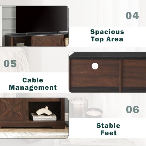 CKEASEAN Farmhouse Entertainment Center for TVs Up to 75 inch, 70\" W TV Stand with Open Shelves and Barn Doors, Large Home TV Console Table for Living Room (Espresso, 70 inch Farmhouse TV Stand)