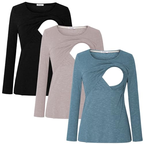 Image of Bearsland Women's 3 Packs Maternity Clothes Long Sleeves Breastfeeding Shirts Nursing Top