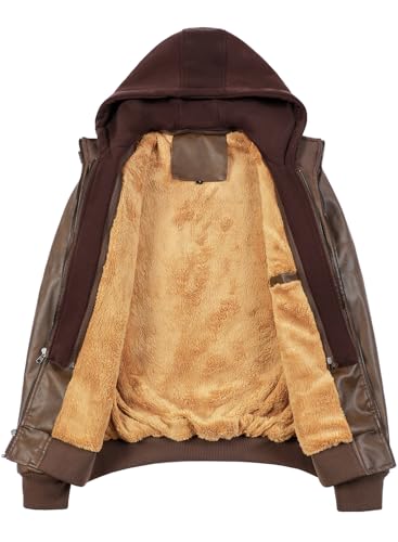 Image of HOOD CREW Men's Casual Stand Collar PU Faux Leather Zip-Up Motorcycle Bomber Jacket With a Removable Hood