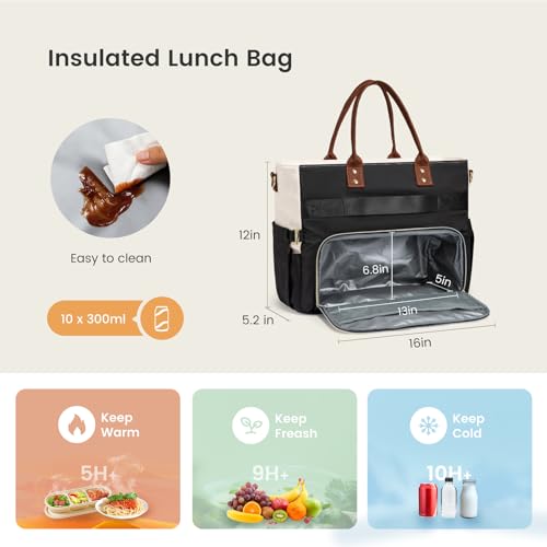 Image of LOVEVOOK Lunch Tote Bag for Women, 3 in 1 Work Bag with Insulated Lunch Compartment & 40oz Large Cup Holder & Multi-Pockets, 15.6 inch Laptop Bag for Office /Daily /Travel, Gifts for Teacher Nurse Mom