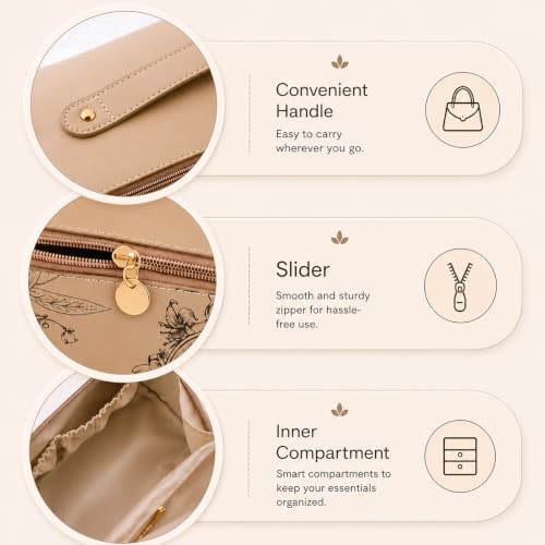 Image of Travel Makeup Bag with Make Up Brushes Makeup Bag Organizer Large Capacity Floral Cosmetic Bag for Women with Compartments Waterproof Leather Flat Open Portable Cosmetic Travel Bag with Handle Beige