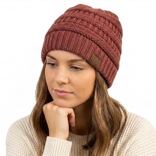 Image of C.C Unisex Chunky Soft Stretch Cable Knit Warm Fuzzy Lined Skully Beanie