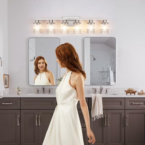Image of YYT 6-Light Bathroom Vanity Light Brushed Nicekl 6 Light Vanity Lights for Bathroom Light Fixtures Brushed Nicekl with Clear Glass Shade E26 Scoket