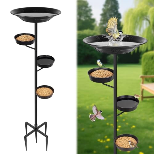 BOLITE Bird Bath for Outside, Metal Freestanding Birdbaths with Large Water Basin, Small Water Basin and Two Small Seed Bowls, Outdoors Garden Patio Yard Lawn Decor, Upgraded 5-Pronged Base, Black