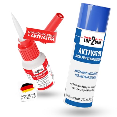 Top2Glue XXL Aktivator Sekundenkleber extra stark wasserfest + temperaturbeständig - Cyanacrylat Alleskleber Set 50g Kleber + 200ml Spray für Metall Holz Glas Gummi Kunststoff Modellbau (dünn)