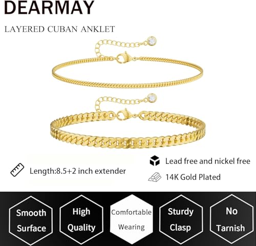 Image of DEARMAY Gold Ankle Bracelets for Women Waterproof, Non Tarnish 14K Gold Plated Beaded Link Chain Anklets, Layered Summer Beach Jewelry Gifts, Dainty Bikini Outfits for Vacation